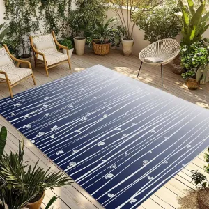 Blue Floral Outdoor Rug 5x8ft Large Patio Rug,Washable RV Camping Outside Area Runner Rug Mat,Gradient Stripe Garden Plant Branch Texture Carpet for Picnic Backyard Deck Porch Balcony Beach & Indoor