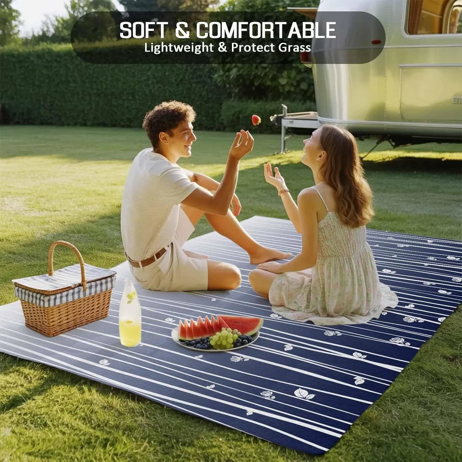 Blue Floral Outdoor Rug 5x8ft Large Patio Rug,Washable RV Camping Outside Area Runner Rug Mat,Gradient Stripe Garden Plant Branch Texture Carpet for Picnic Backyard Deck Porch Balcony Beach & Indoor