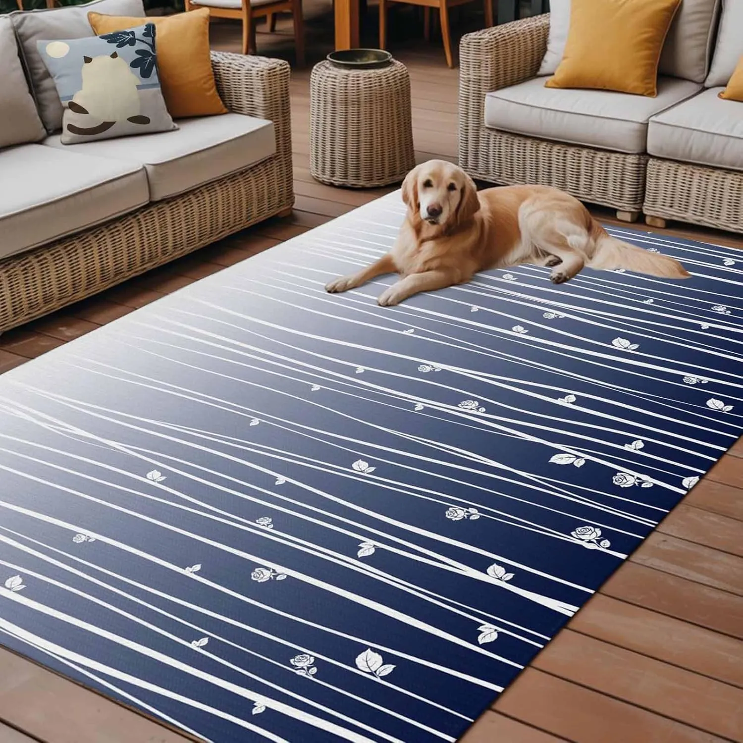 Blue Floral Outdoor Rug 5x8ft Large Patio Rug,Washable RV Camping Outside Area Runner Rug Mat,Gradient Stripe Garden Plant Branch Texture Carpet for Picnic Backyard Deck Porch Balcony Beach & Indoor