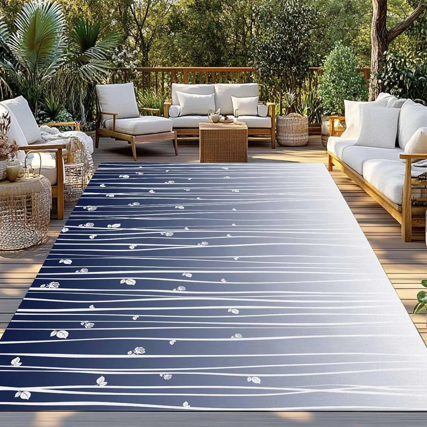 Blue Floral Outdoor Rug 5x8ft Large Patio Rug,Washable RV Camping Outside Area Runner Rug Mat,Gradient Stripe Garden Plant Branch Texture Carpet for Picnic Backyard Deck Porch Balcony Beach & Indoor