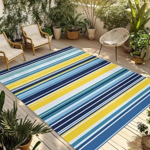 Blue Stripe Outdoor Patio Rug 6x9ft Large, Washable RV Camping Outside Area Runner Rug Mat, Yellow Colorful Striped Modern Abstract Indoor Outdoor Carpet for Picnic Backyard Deck Porch Balcony Beach