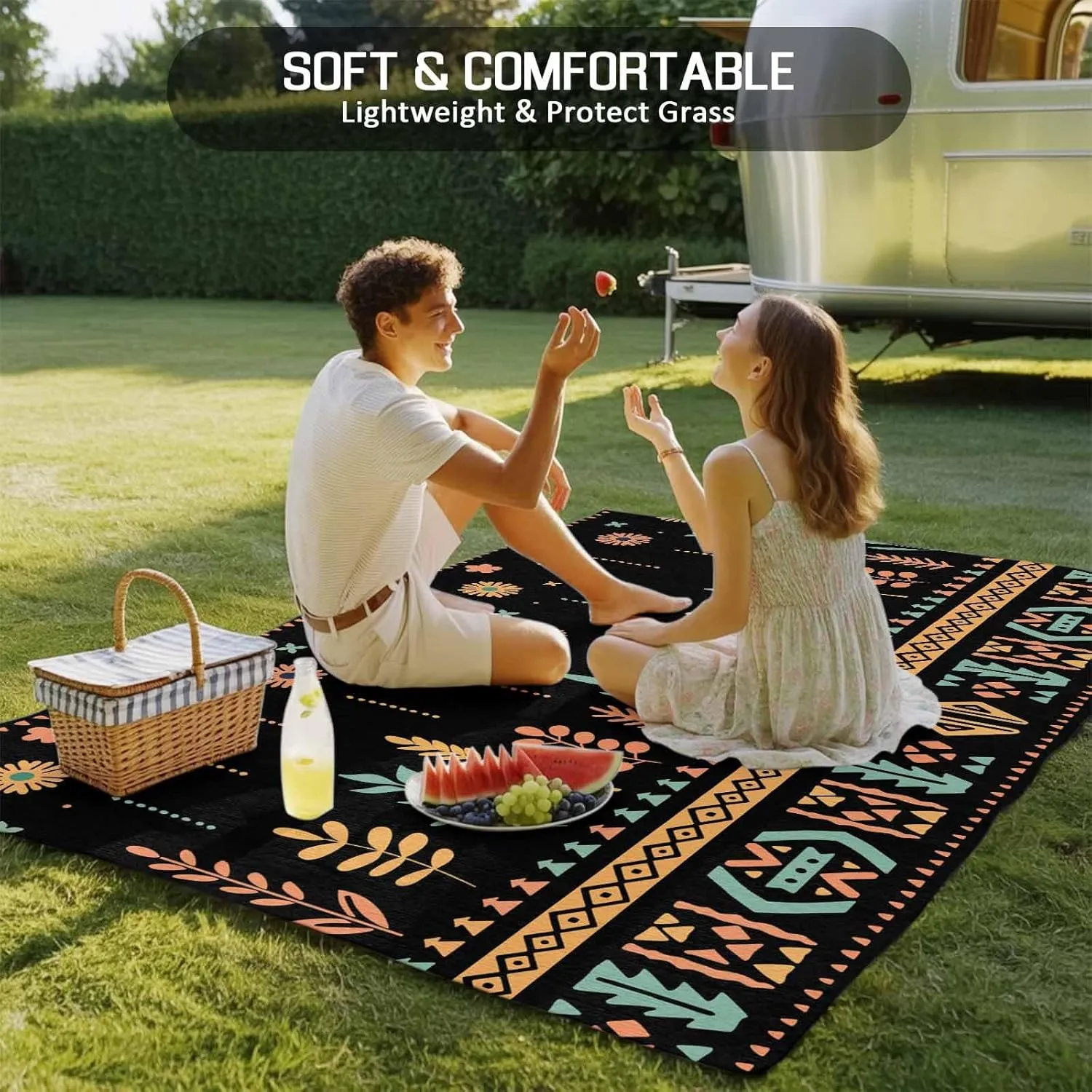 Bohemian Floral Outdoor Rug 5x8ft Large Patio Rug,Washable RV Camping Outside Area Runner Rug Mat,Black Orange Boho Botanical Geometric Stripe Carpet for Picnic Backyard Deck Porch Balcony Beach