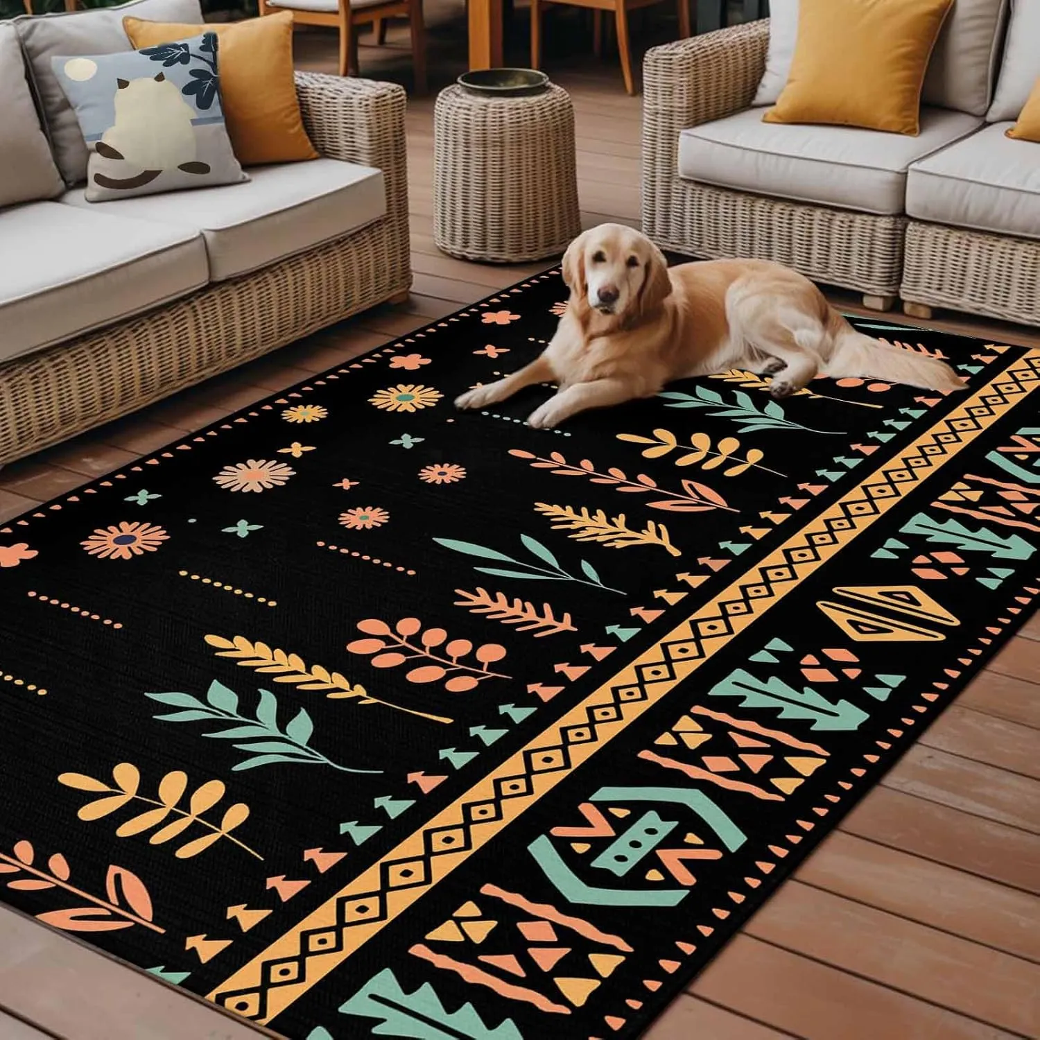Bohemian Floral Outdoor Rug 5x8ft Large Patio Rug,Washable RV Camping Outside Area Runner Rug Mat,Black Orange Boho Botanical Geometric Stripe Carpet for Picnic Backyard Deck Porch Balcony Beach