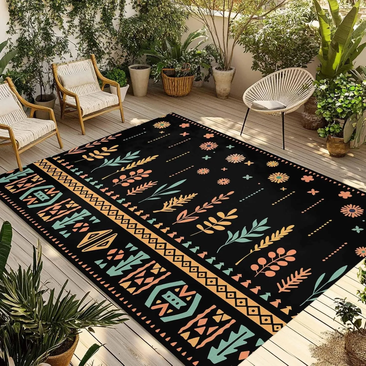 Bohemian Floral Outdoor Rug 5x8ft Large Patio Rug,Washable RV Camping Outside Area Runner Rug Mat,Black Orange Boho Botanical Geometric Stripe Carpet for Picnic Backyard Deck Porch Balcony Beach