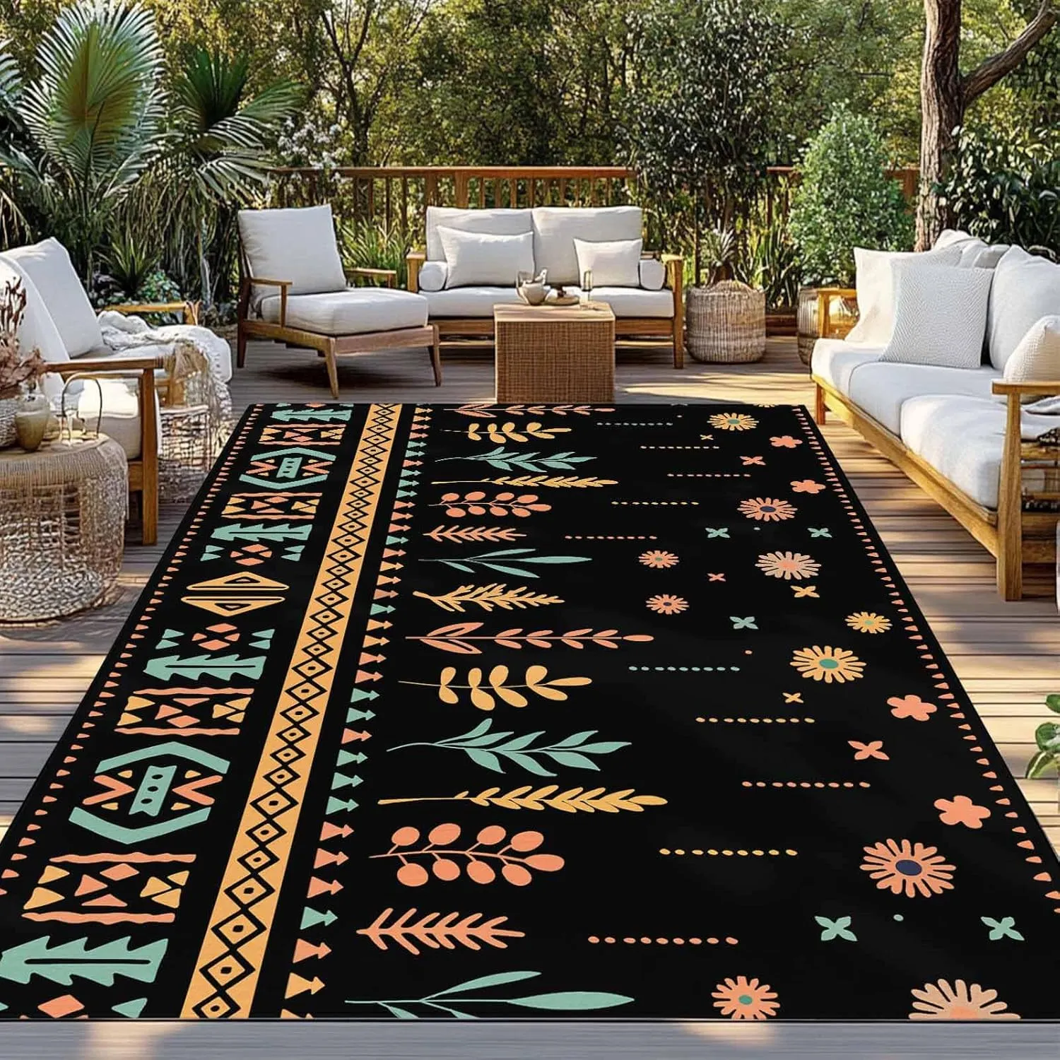Bohemian Floral Outdoor Rug 5x8ft Large Patio Rug,Washable RV Camping Outside Area Runner Rug Mat,Black Orange Boho Botanical Geometric Stripe Carpet for Picnic Backyard Deck Porch Balcony Beach