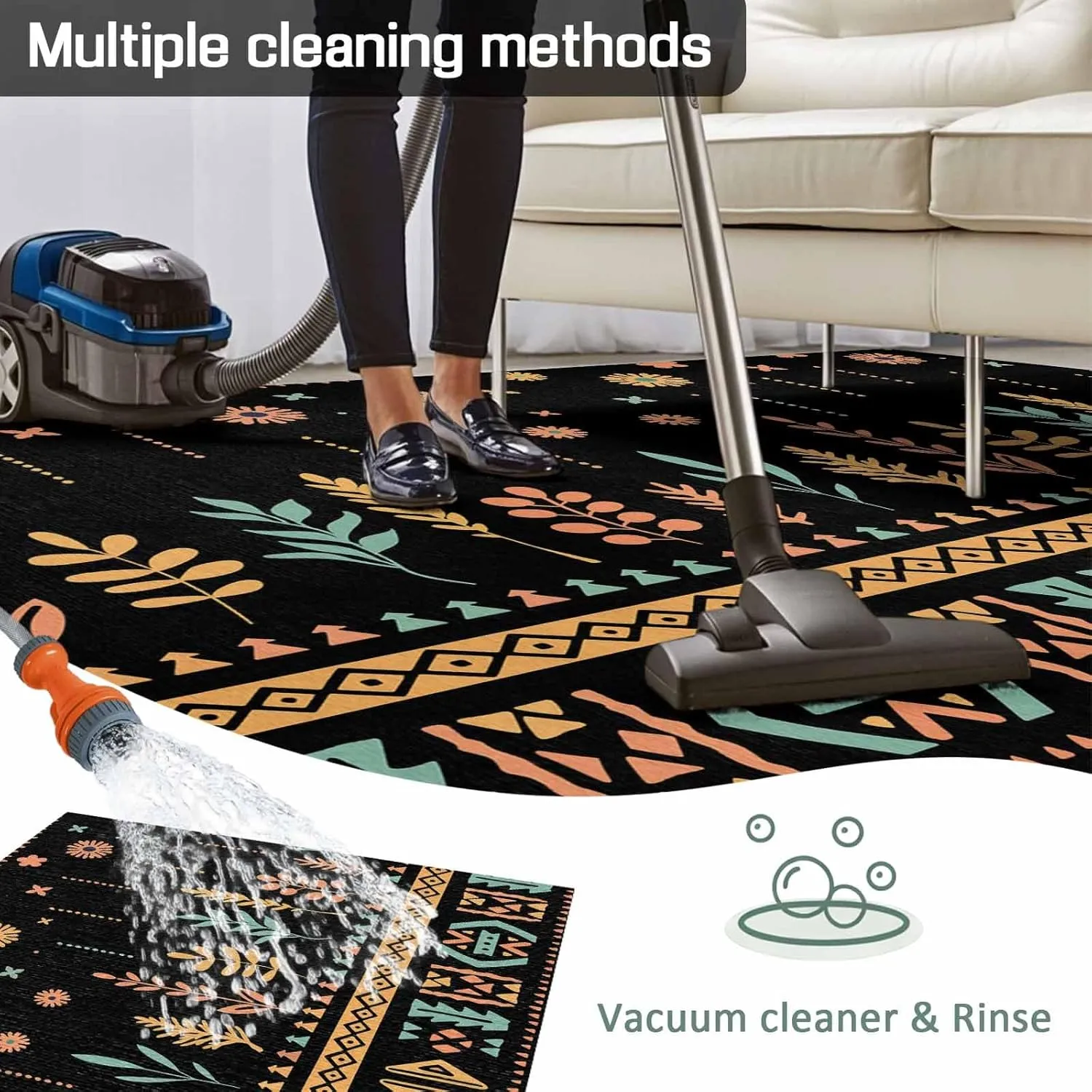 Bohemian Floral Outdoor Rug 5x8ft Large Patio Rug,Washable RV Camping Outside Area Runner Rug Mat,Black Orange Boho Botanical Geometric Stripe Carpet for Picnic Backyard Deck Porch Balcony Beach