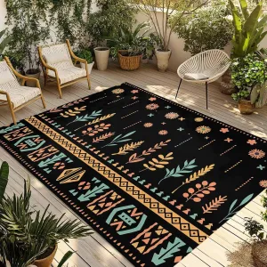Bohemian Floral Outdoor Rug 5x8ft Large Patio Rug,Washable RV Camping Outside Area Runner Rug Mat,Black Orange Boho Botanical Geometric Stripe Carpet for Picnic Backyard Deck Porch Balcony Beach