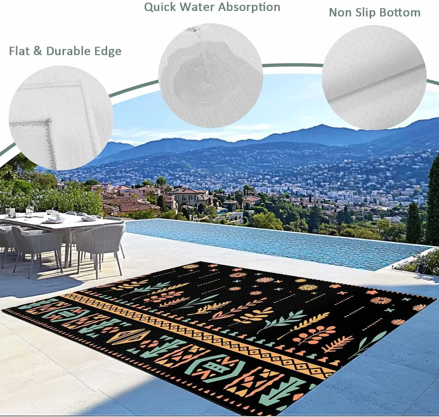 Bohemian Floral Outdoor Rug 5x8ft Large Patio Rug,Washable RV Camping Outside Area Runner Rug Mat,Black Orange Boho Botanical Geometric Stripe Carpet for Picnic Backyard Deck Porch Balcony Beach