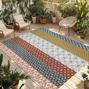 Boho Geometric Outdoor Rug 4x6ft Large Patio Rug,Washable RV Camping Outside Area Runner Rug Mat,Bohemian Stripes Aztec Tribe Vintage Carpet for Picnic Backyard Deck Porch Balcony Beach & Indoor