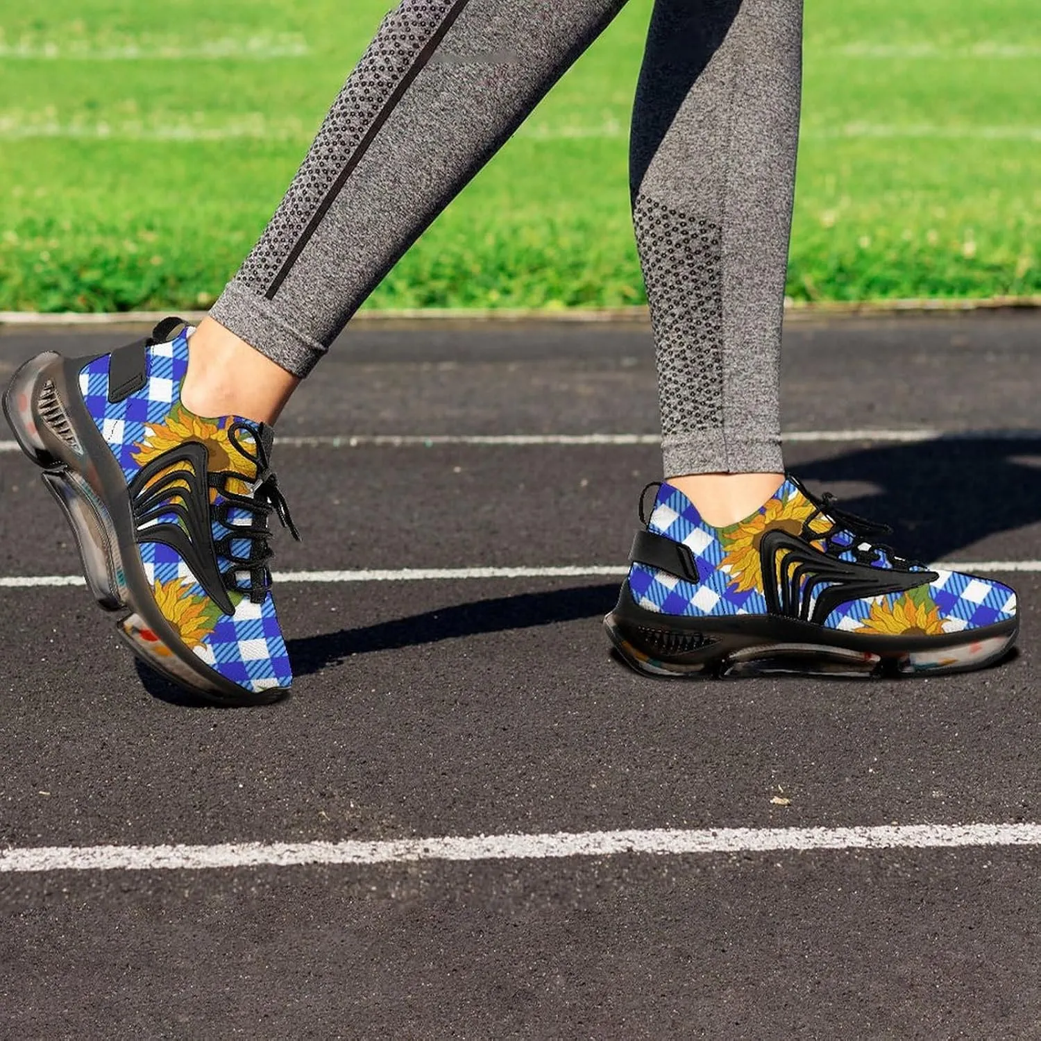 Bright Sunflowers on Blue Plaid Lightweight Women's Sneakers Running Tennis Shoes Walking Sportswear Gym Travel for Men