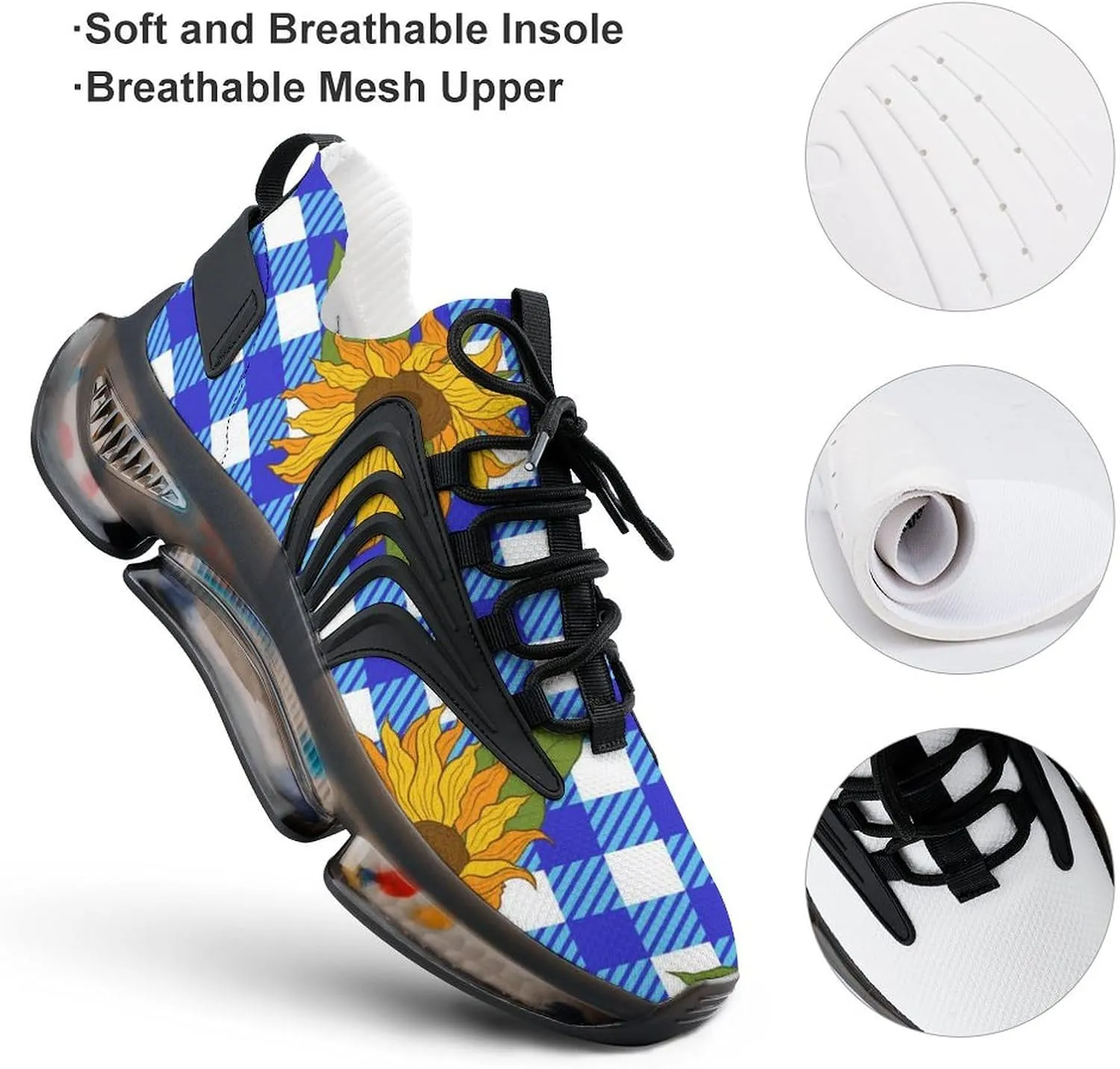 Bright Sunflowers on Blue Plaid Lightweight Women's Sneakers Running Tennis Shoes Walking Sportswear Gym Travel for Men