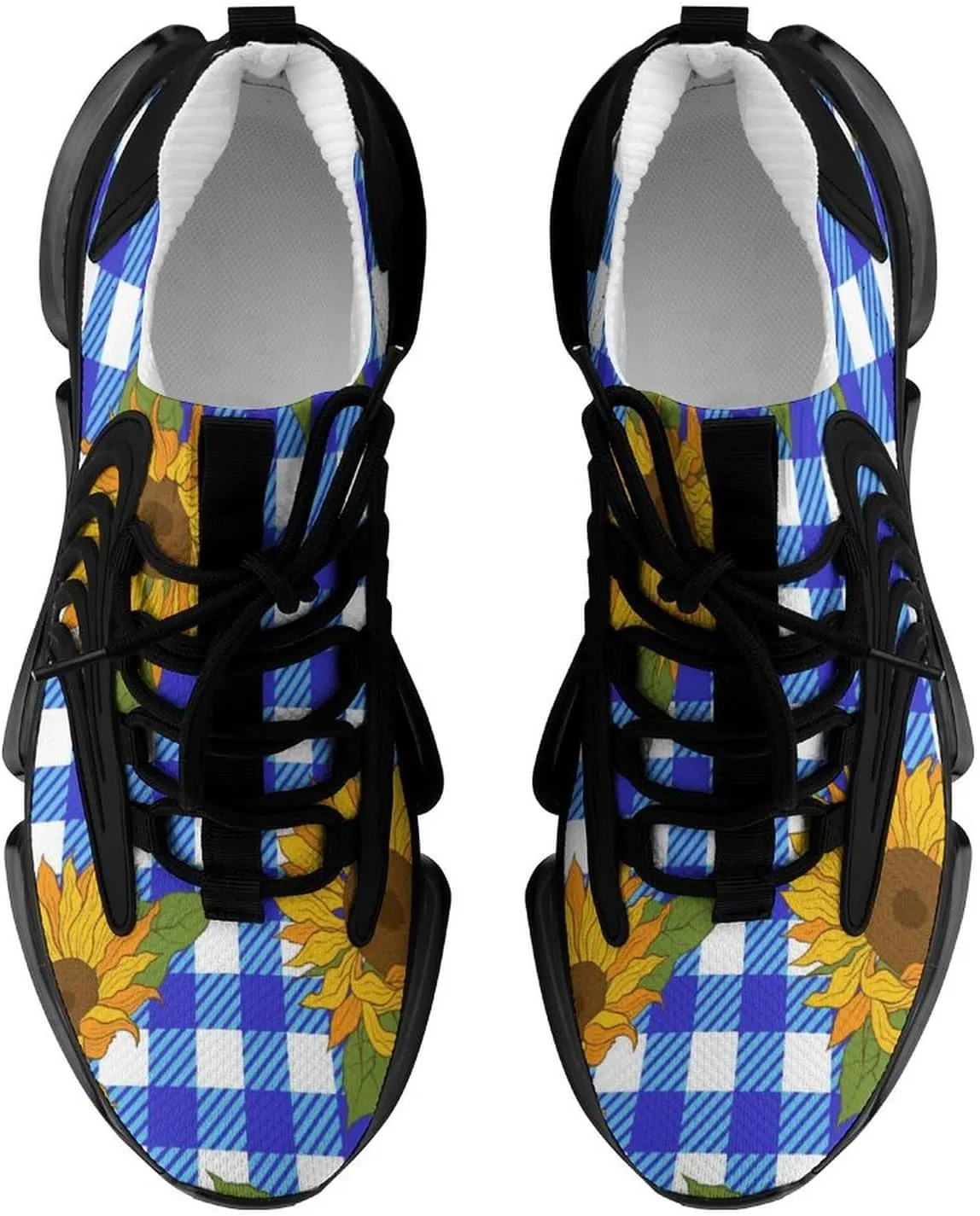 Bright Sunflowers on Blue Plaid Lightweight Women's Sneakers Running Tennis Shoes Walking Sportswear Gym Travel for Men