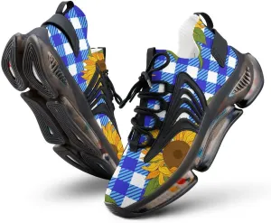 Bright Sunflowers on Blue Plaid Lightweight Women's Sneakers Running Tennis Shoes Walking Sportswear Gym Travel for Men