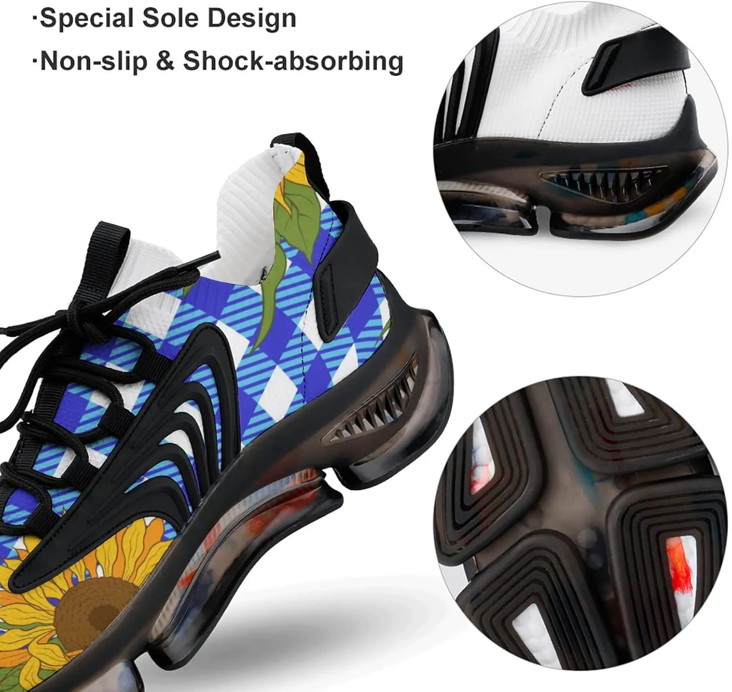 Bright Sunflowers on Blue Plaid Lightweight Women's Sneakers Running Tennis Shoes Walking Sportswear Gym Travel for Men
