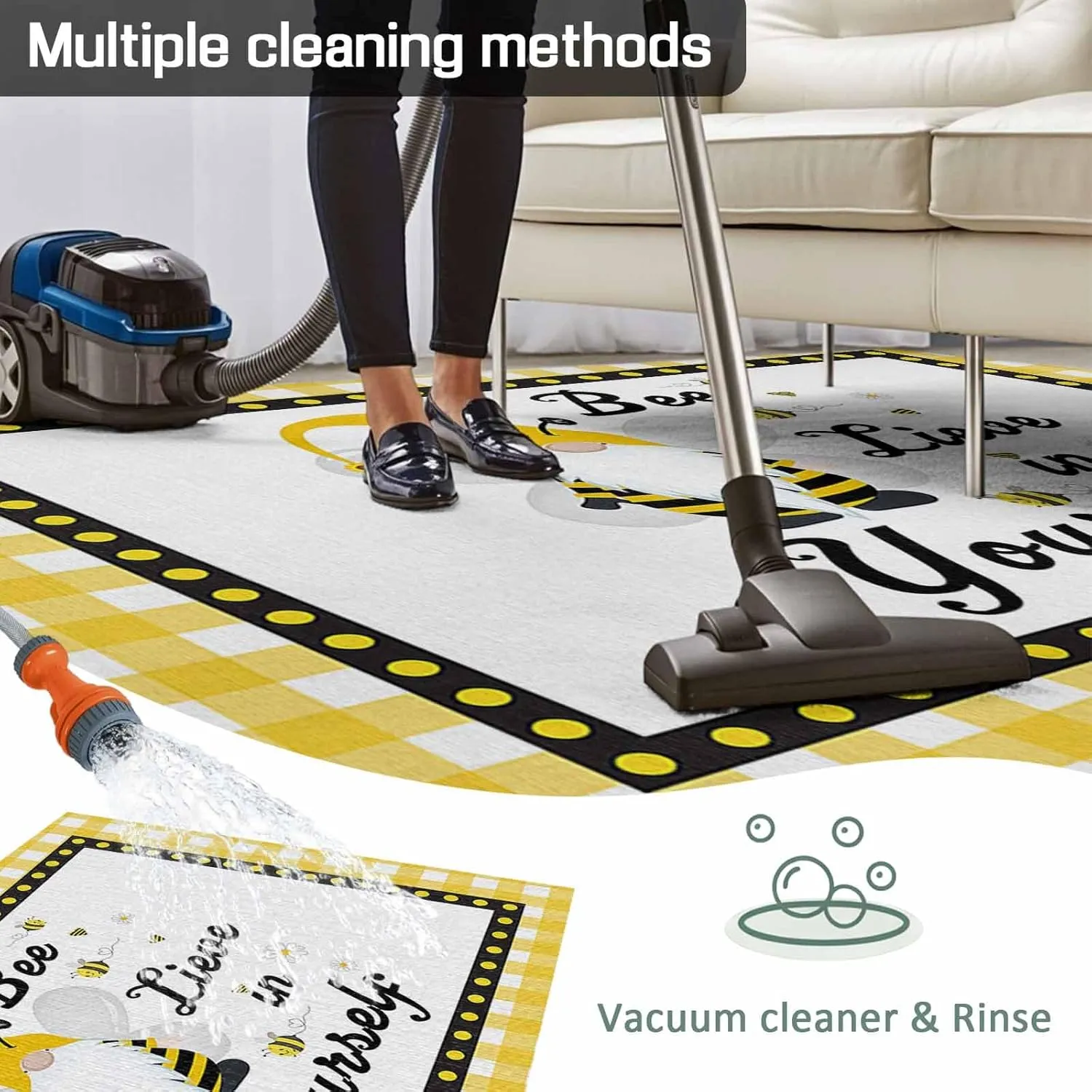 Buffalo Yellow Check Border Outdoor Rug 4x6ft Large Patio Rug,Washable RV Camping Outside Area Runner Rug Mat,Cartoon Bee Gnome Stripe Carpet for Picnic Backyard Deck Porch Balcony Beach & Indoor