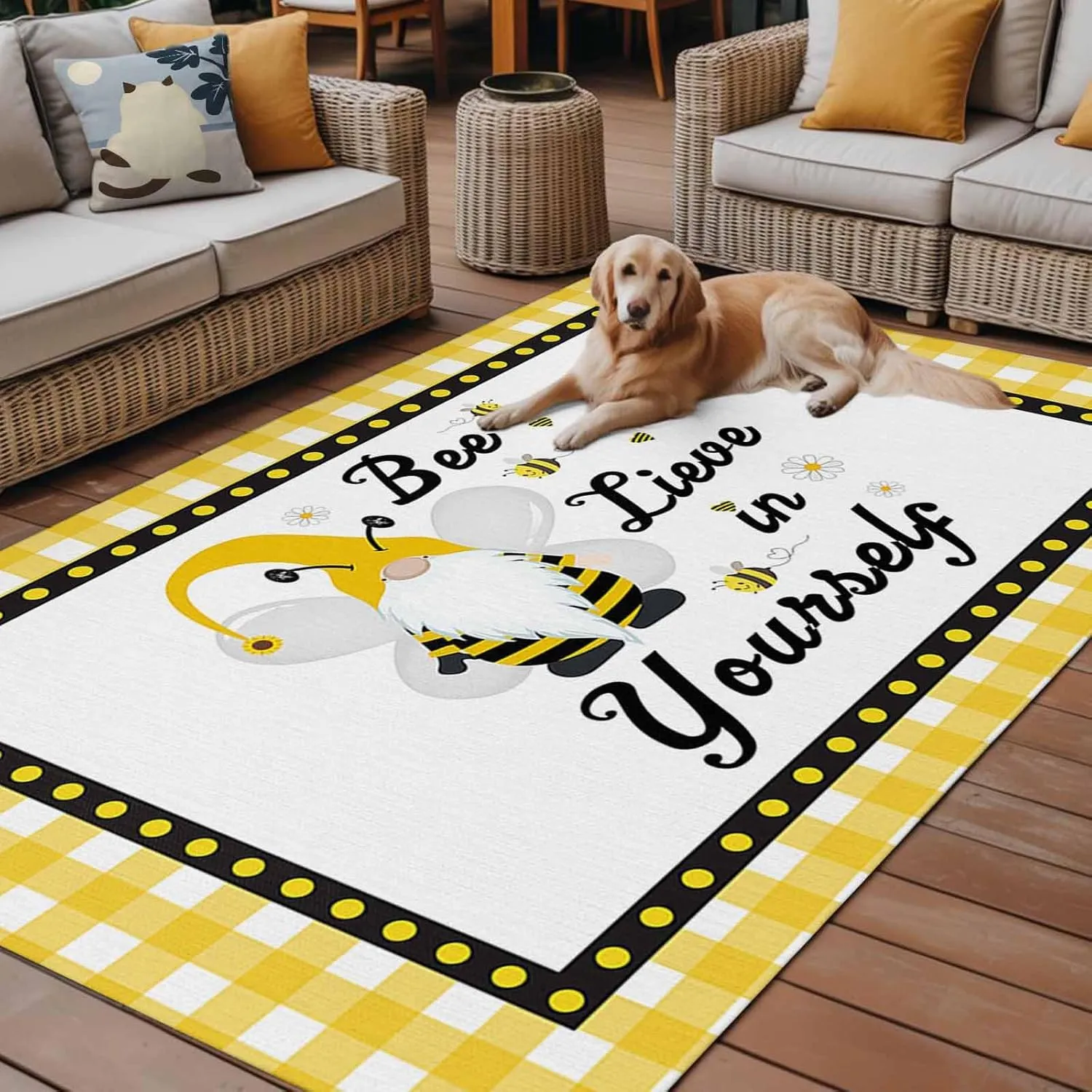 Buffalo Yellow Check Border Outdoor Rug 4x6ft Large Patio Rug,Washable RV Camping Outside Area Runner Rug Mat,Cartoon Bee Gnome Stripe Carpet for Picnic Backyard Deck Porch Balcony Beach & Indoor