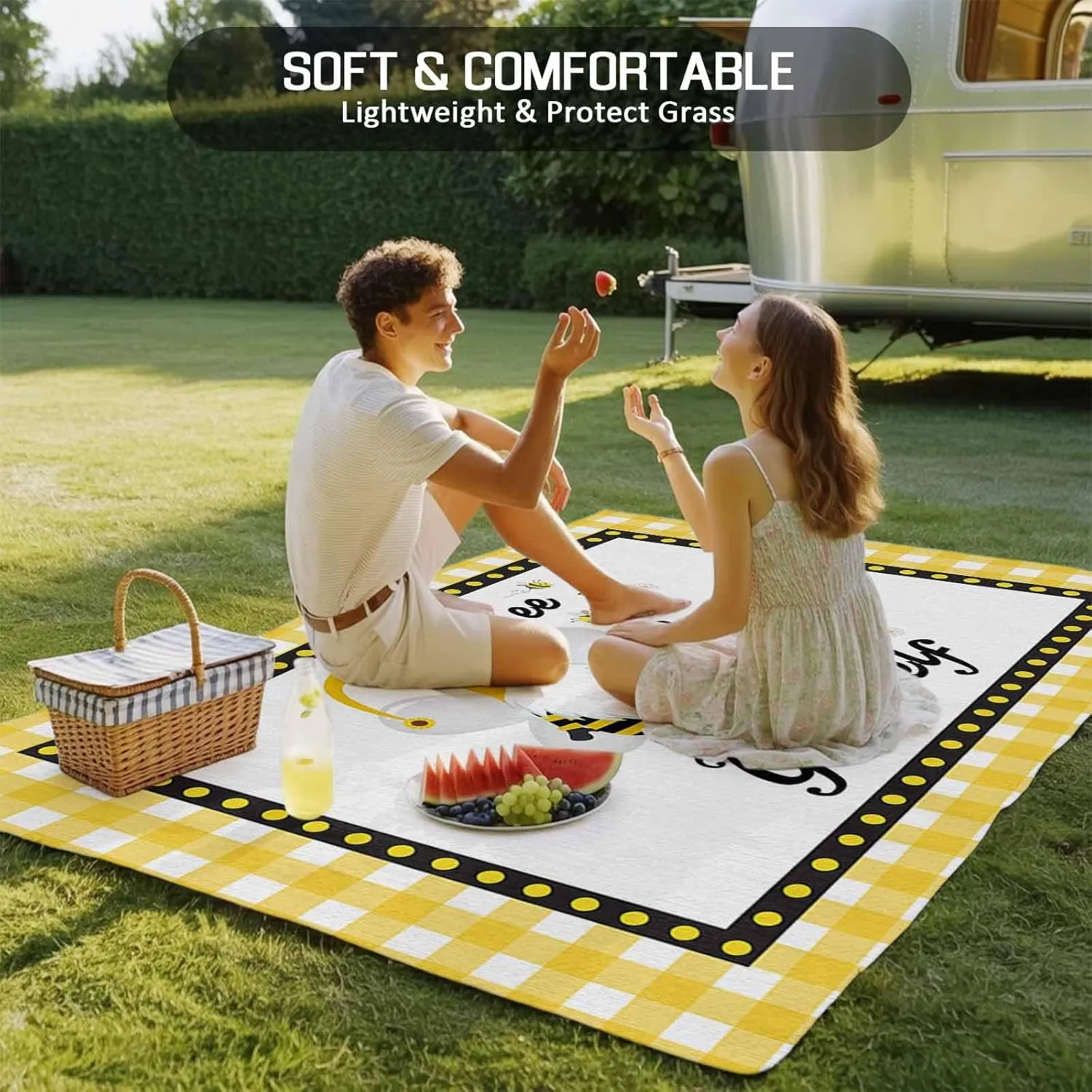 Buffalo Yellow Check Border Outdoor Rug 4x6ft Large Patio Rug,Washable RV Camping Outside Area Runner Rug Mat,Cartoon Bee Gnome Stripe Carpet for Picnic Backyard Deck Porch Balcony Beach & Indoor