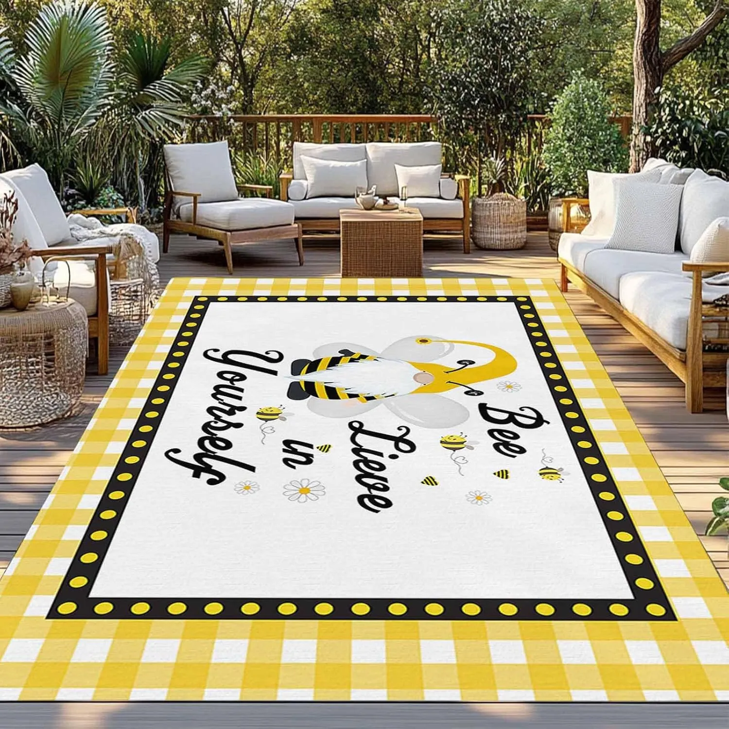 Buffalo Yellow Check Border Outdoor Rug 4x6ft Large Patio Rug,Washable RV Camping Outside Area Runner Rug Mat,Cartoon Bee Gnome Stripe Carpet for Picnic Backyard Deck Porch Balcony Beach & Indoor