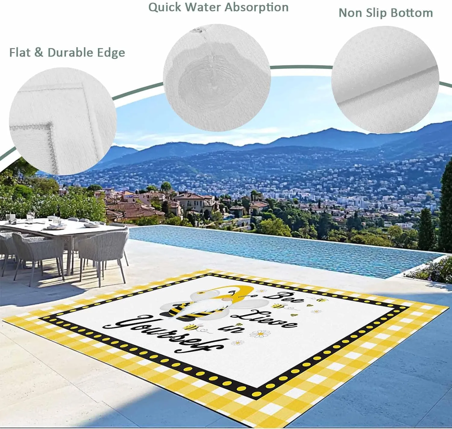 Buffalo Yellow Check Border Outdoor Rug 4x6ft Large Patio Rug,Washable RV Camping Outside Area Runner Rug Mat,Cartoon Bee Gnome Stripe Carpet for Picnic Backyard Deck Porch Balcony Beach & Indoor