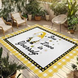 Buffalo Yellow Check Border Outdoor Rug 4x6ft Large Patio Rug,Washable RV Camping Outside Area Runner Rug Mat,Cartoon Bee Gnome Stripe Carpet for Picnic Backyard Deck Porch Balcony Beach & Indoor
