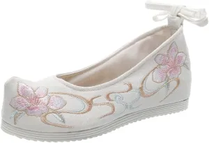 Chinese Ancient Embroidered Hanfu Shoes: 1 Pair Chinese Style Shoes Cloth Vintage Embroidery Mary Lace- up Shoes for Ladies Girls