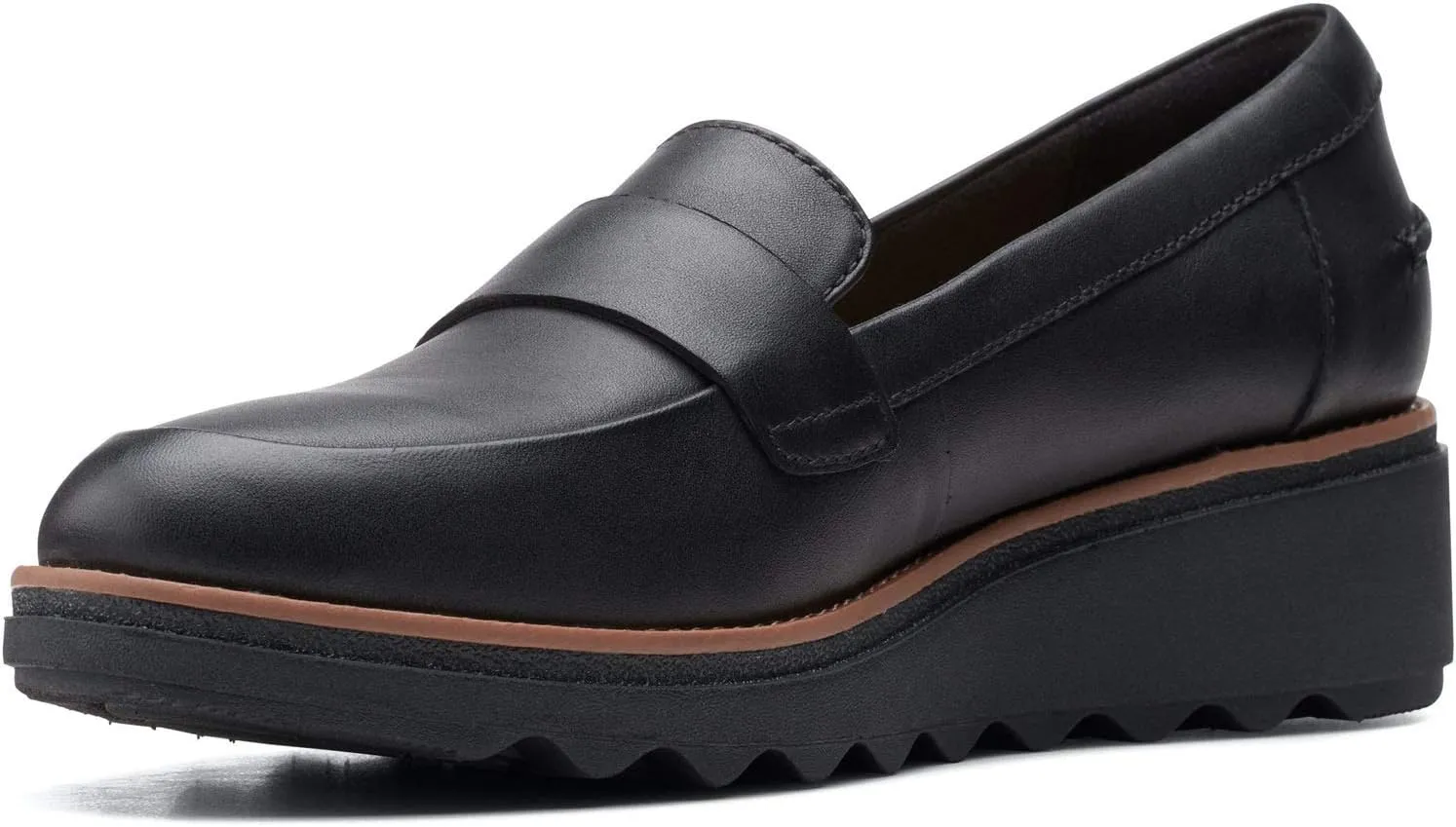 Clarks womens Sharon Gracie Penny Loafer, Black Leather With Dark Tan Welt, 6.5 US