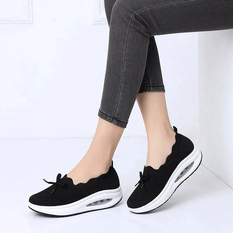 Comfortable Women's Shoes – Ergonomic Knit Air Sneakers with Thick Sole & Bow