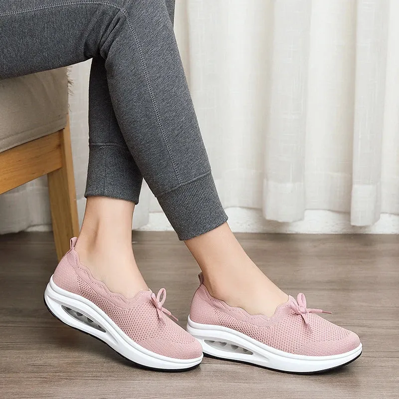 Comfortable Women's Shoes – Ergonomic Knit Air Sneakers with Thick Sole & Bow
