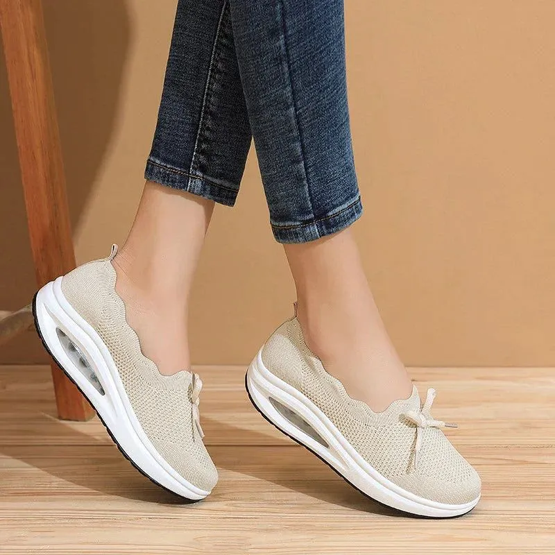 Comfortable Women's Shoes – Ergonomic Knit Air Sneakers with Thick Sole & Bow