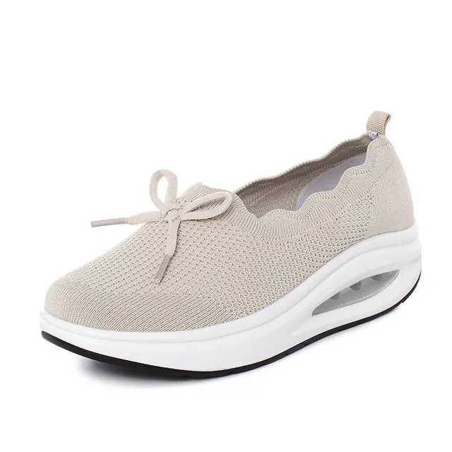 Comfortable Women's Shoes – Ergonomic Knit Air Sneakers with Thick Sole & Bow