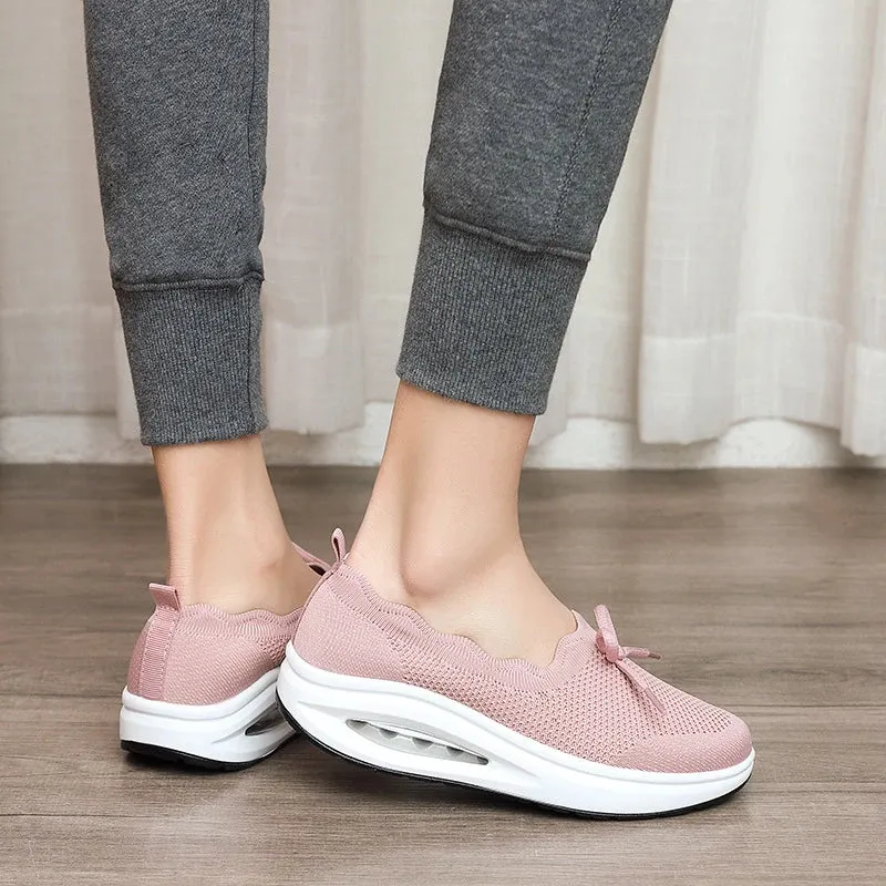 Comfortable Women's Shoes – Ergonomic Knit Air Sneakers with Thick Sole & Bow