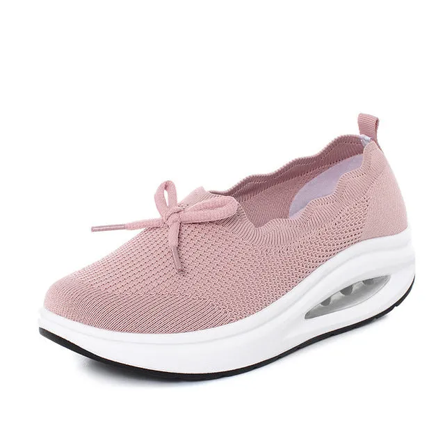 Comfortable Women's Shoes – Ergonomic Knit Air Sneakers with Thick Sole & Bow