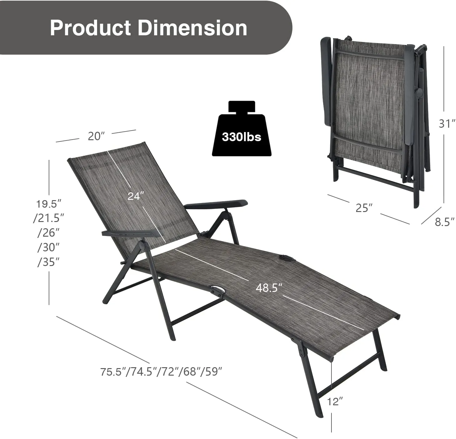 COSTWAY Folding Chaise Lounge, Lightweight & Breathable Fabric, Outdoor Tanning Recliner Chair for Deck, Beach (Grey)