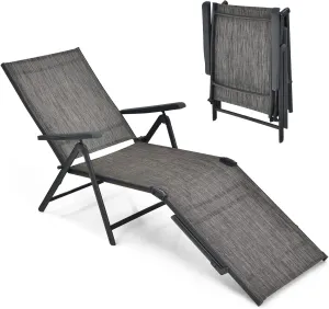 COSTWAY Folding Chaise Lounge, Lightweight & Breathable Fabric, Outdoor Tanning Recliner Chair for Deck, Beach (Grey)