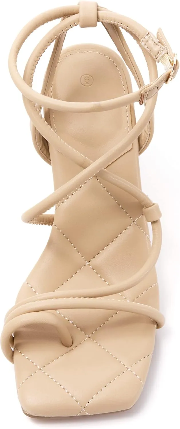 Coutgo Womens Strappy Square Toe Heels Sandals Lace Up Kitten Heeled Sandals Quilted Party Dress Shoes