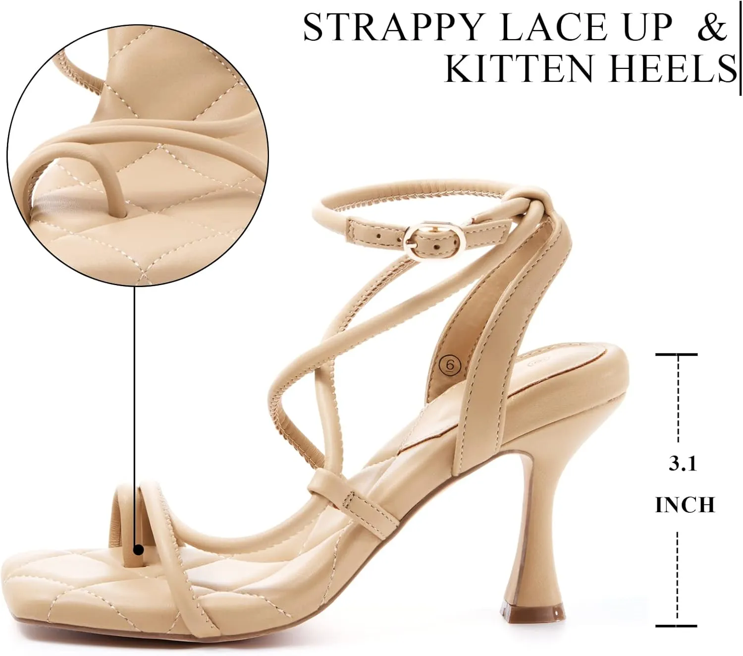 Coutgo Womens Strappy Square Toe Heels Sandals Lace Up Kitten Heeled Sandals Quilted Party Dress Shoes