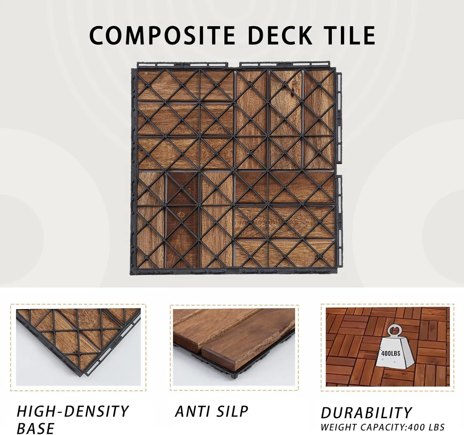 Deck Tiles - Pack of 10 Waterproof Acacia Wood Patio Tiles, Flooring Tile for Indoor and Outdoor - 12 x 12 x 1.7 inches (Brown)