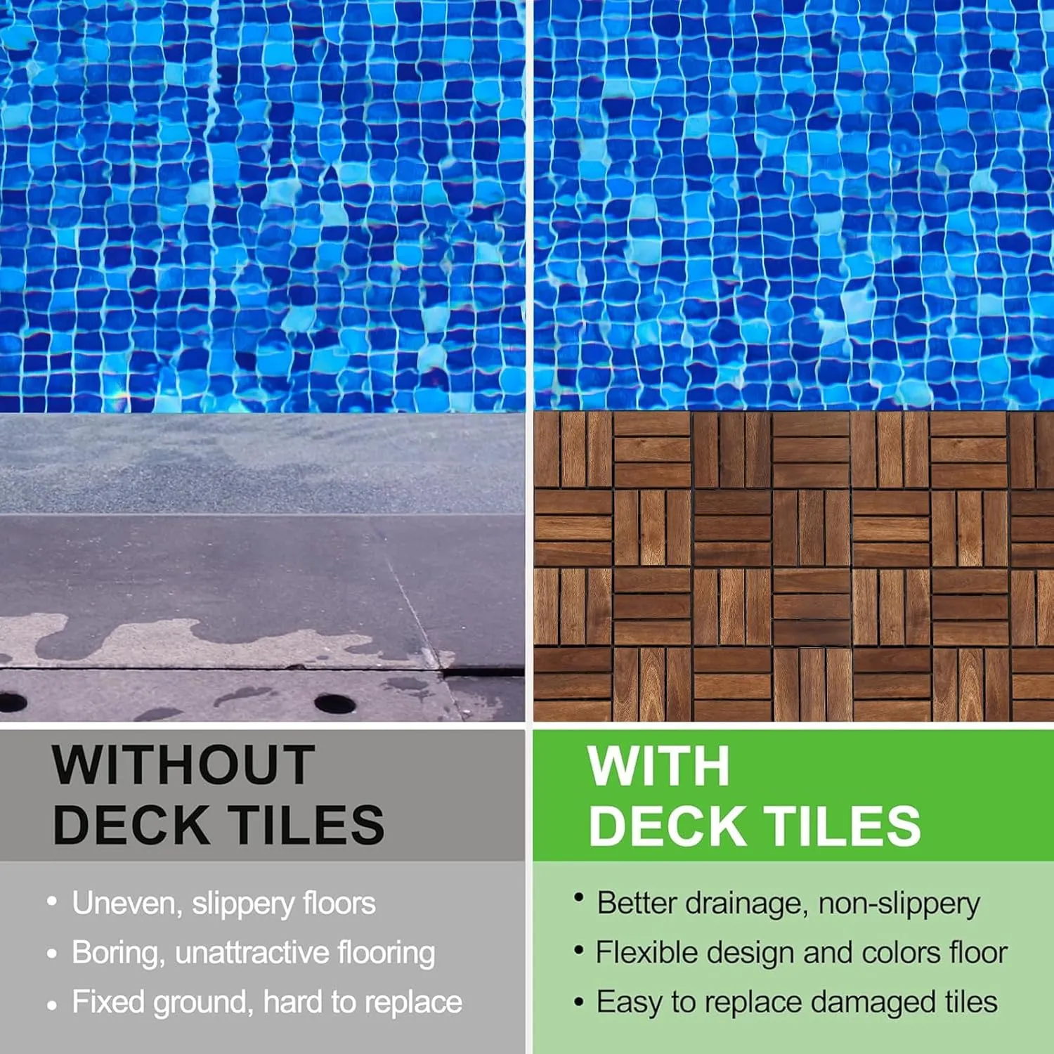 Deck Tiles - Pack of 10 Waterproof Acacia Wood Patio Tiles, Flooring Tile for Indoor and Outdoor - 12 x 12 x 1.7 inches (Brown)