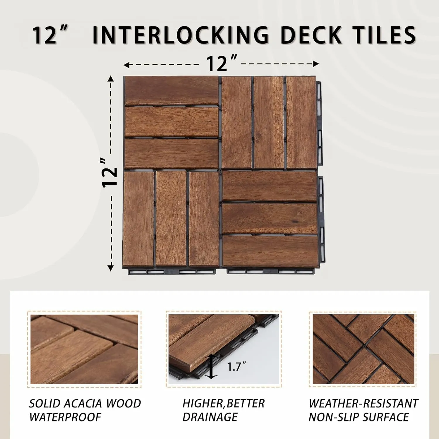 Deck Tiles - Pack of 10 Waterproof Acacia Wood Patio Tiles, Flooring Tile for Indoor and Outdoor - 12 x 12 x 1.7 inches (Brown)