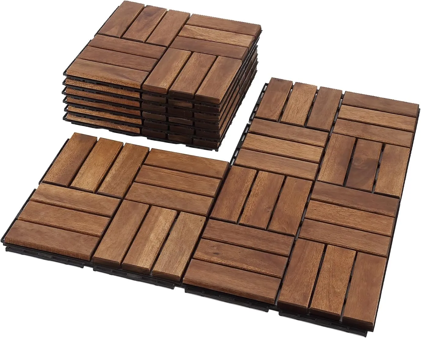 Deck Tiles - Pack of 10 Waterproof Acacia Wood Patio Tiles, Flooring Tile for Indoor and Outdoor - 12 x 12 x 1.7 inches (Brown)