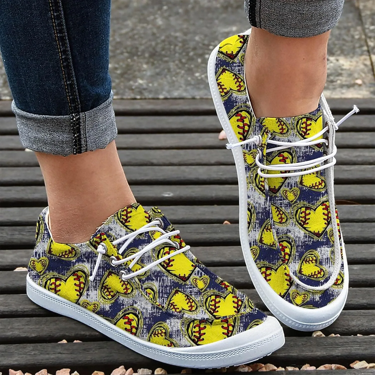 DIYCAM Women Sport Day Baseball Printed Boat Shoes Casual Canvas Loafers for Women Slip On Deck Shoes, Breathable Canvas Walking Shoes