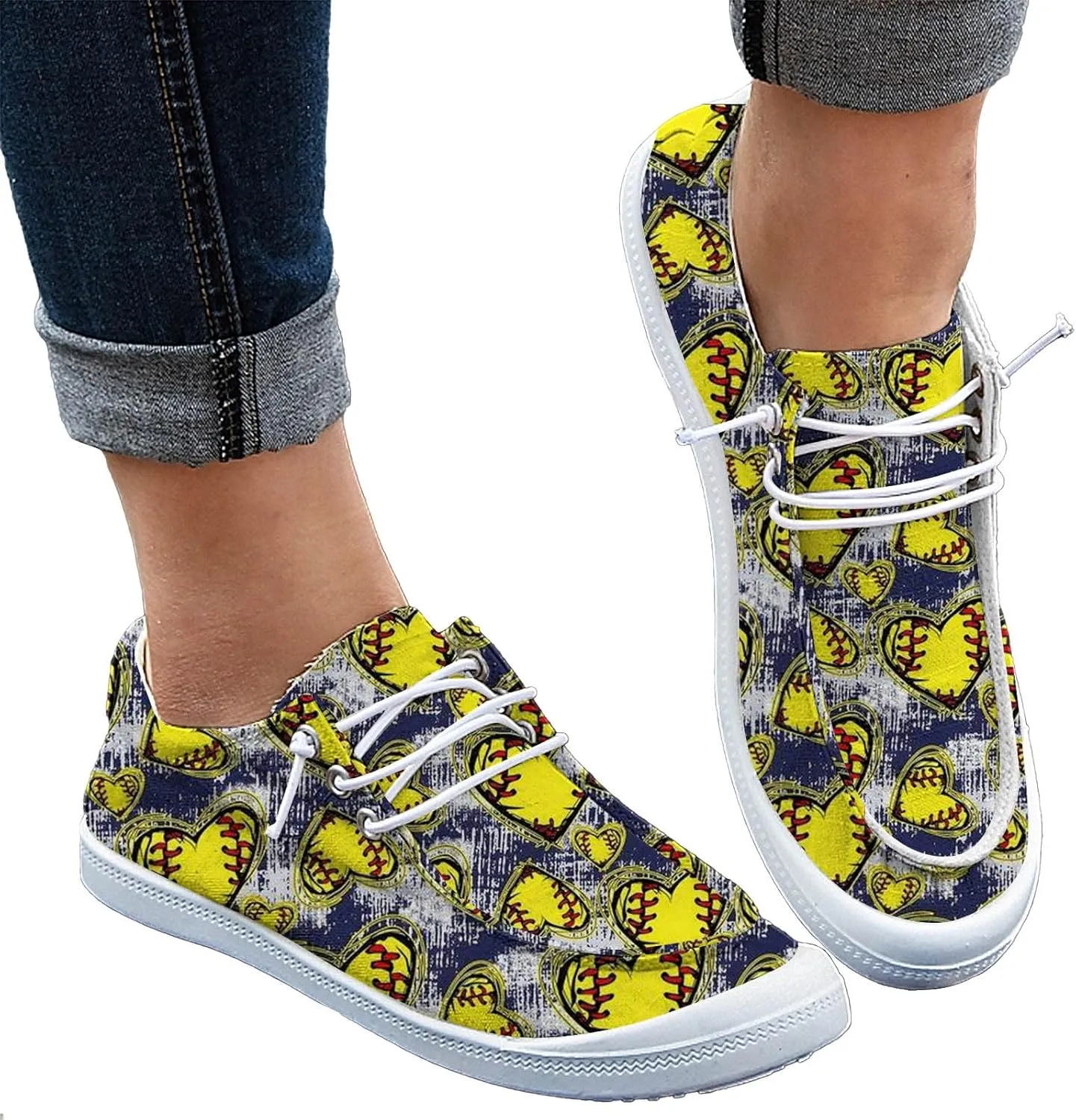 DIYCAM Women Sport Day Baseball Printed Boat Shoes Casual Canvas Loafers for Women Slip On Deck Shoes, Breathable Canvas Walking Shoes