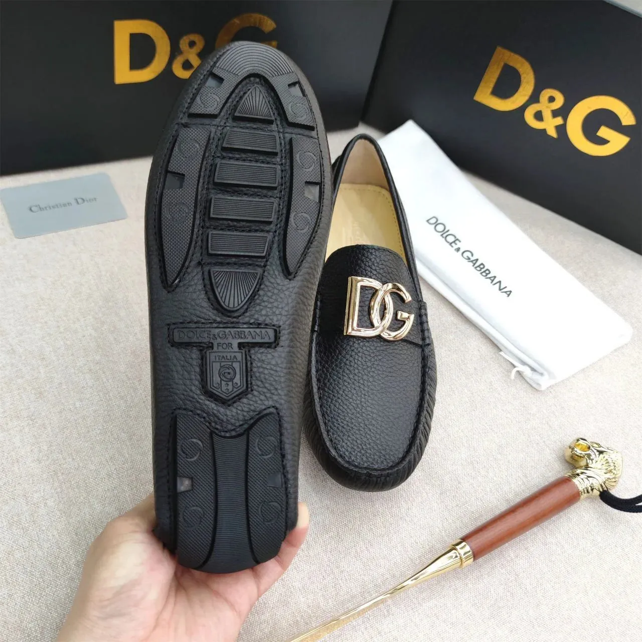 DOLCE & GABBANA || DG Logo Signature Leather Driving Shoes