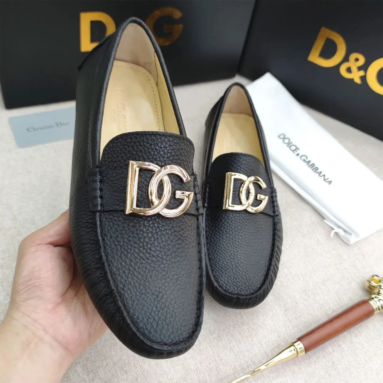 DOLCE & GABBANA || DG Logo Signature Leather Driving Shoes