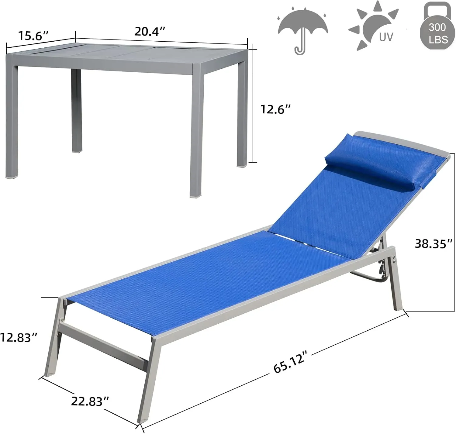 Domi Patio Chaise Lounge Set, Aluminum Pool Lounge Chairs with 5 Adjustable Position, Breathable Textilene Fabric, Sunbathing Pool Chairs with Headrest and Side Table, Blue