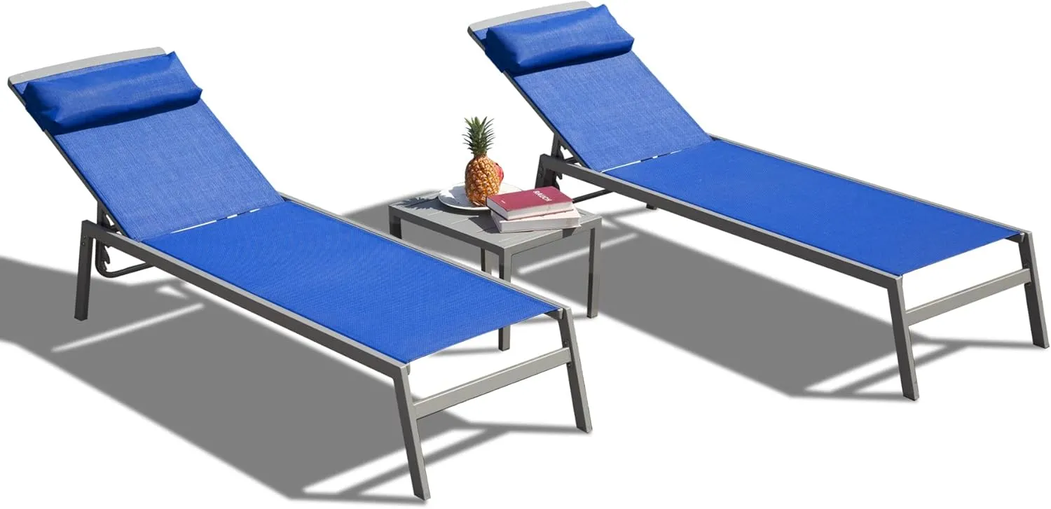 Domi Patio Chaise Lounge Set, Aluminum Pool Lounge Chairs with 5 Adjustable Position, Breathable Textilene Fabric, Sunbathing Pool Chairs with Headrest and Side Table, Blue
