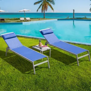 Domi Patio Chaise Lounge Set, Aluminum Pool Lounge Chairs with 5 Adjustable Position, Breathable Textilene Fabric, Sunbathing Pool Chairs with Headrest and Side Table, Blue