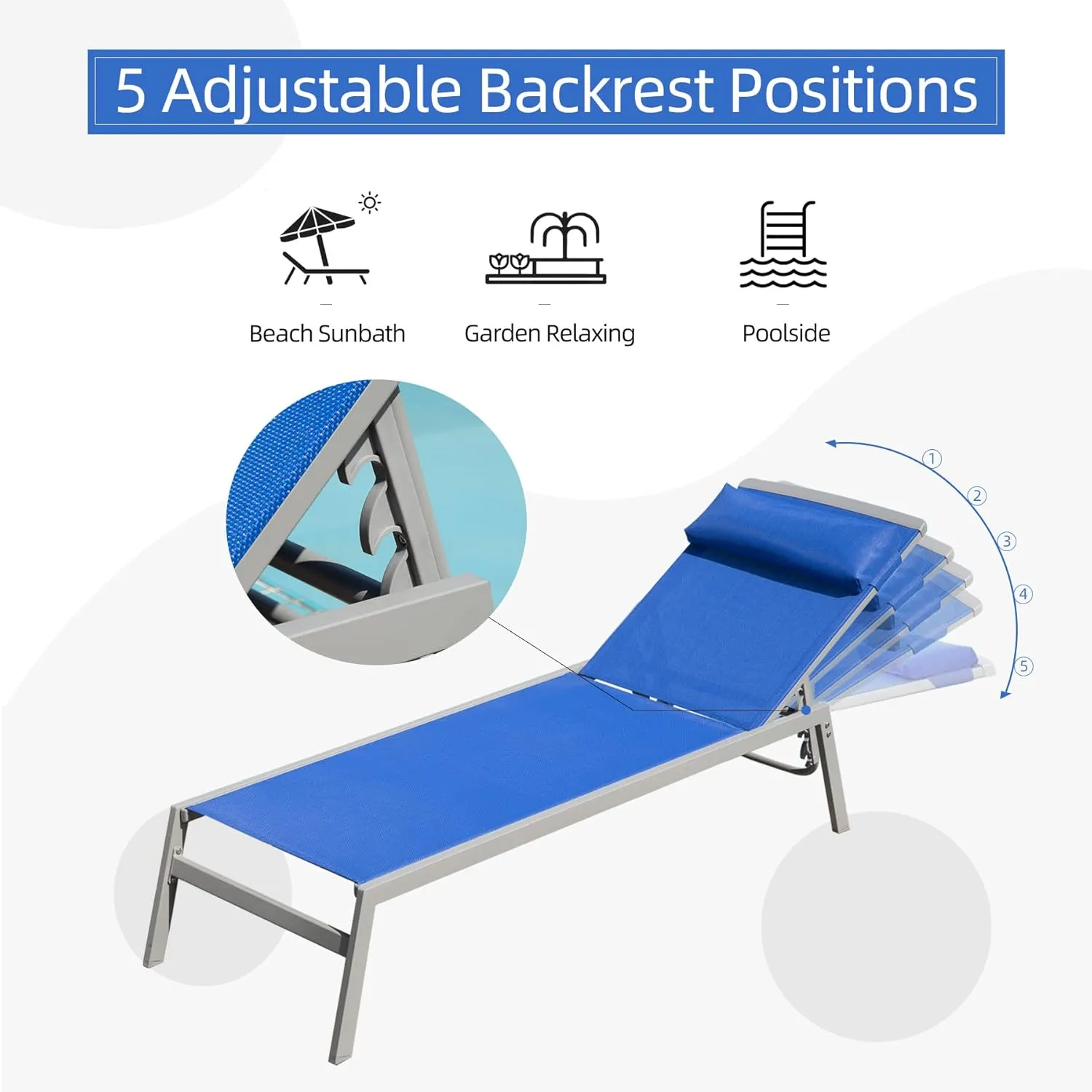 Domi Patio Chaise Lounge Set, Aluminum Pool Lounge Chairs with 5 Adjustable Position, Breathable Textilene Fabric, Sunbathing Pool Chairs with Headrest and Side Table, Blue