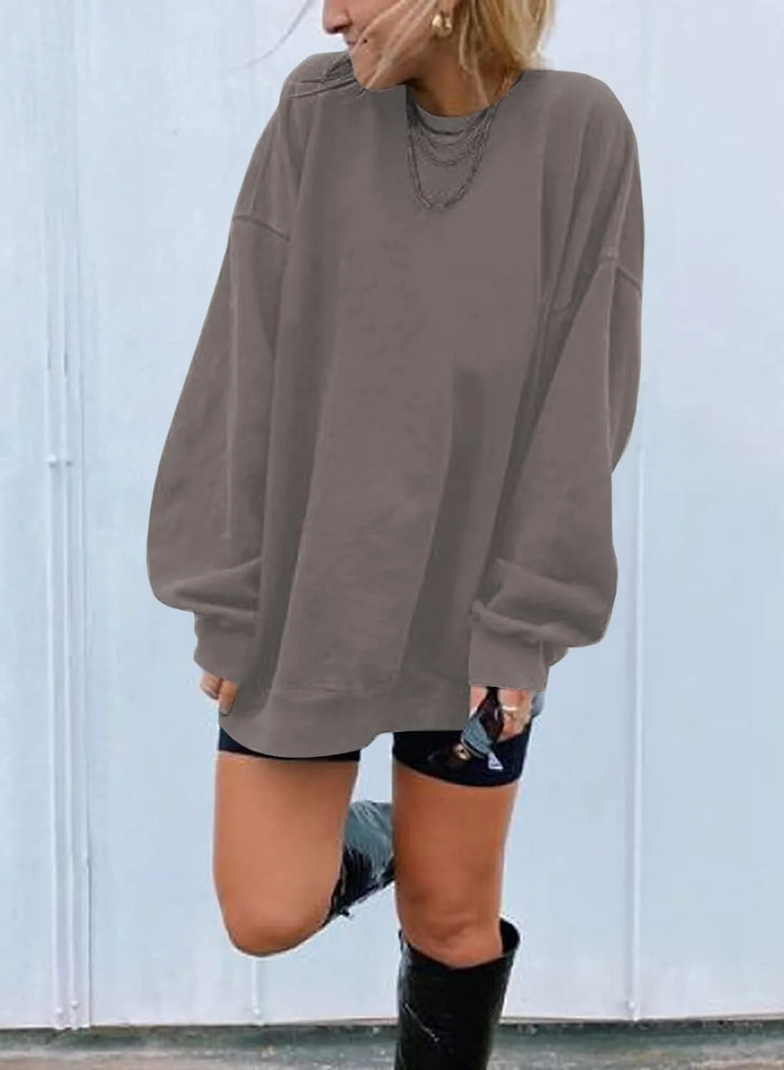 Ebifin Women's Oversized Long Sleeve Sweatshirts Pure Color Round Neck Casual Pullover Shirt