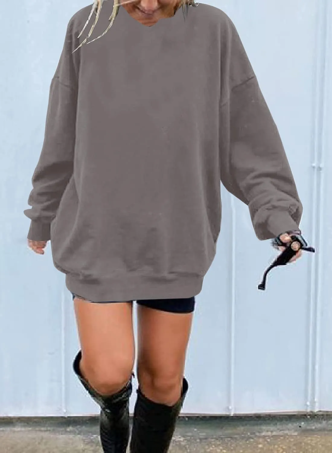 Ebifin Women's Oversized Long Sleeve Sweatshirts Pure Color Round Neck Casual Pullover Shirt